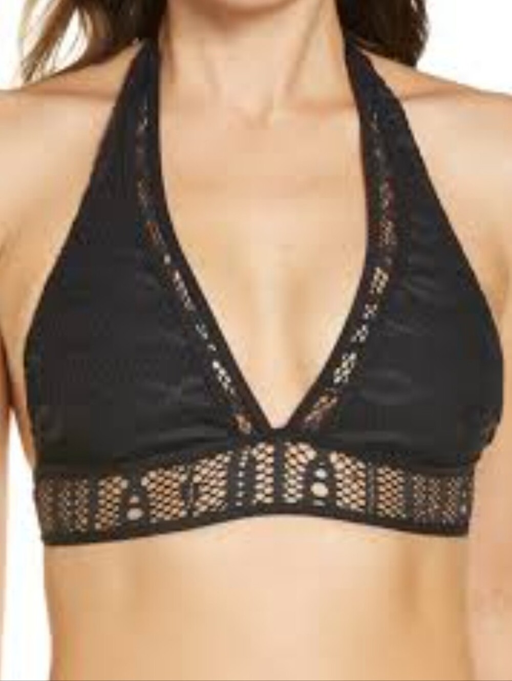 BECCA By Rebecca Virtue Black Crochet Halter Bikini Swim Top Large Nwt